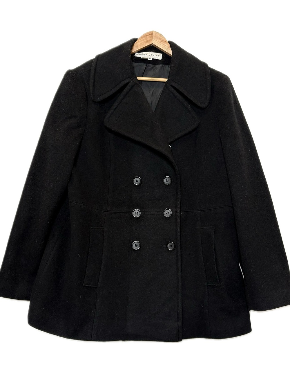 VTG Larry Levine Black 100% Wool Pea Coat Womens Size 14 Double Breasted Button
